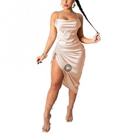 AOZZO Women's Summer Sexy Ruched Midi Dress Adjustable Spaghetti Strap Bodycon Drawstring Side Slit Slip Party Clubwear