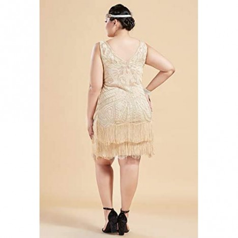 BABEYOND Women's Plus Size Flapper Dresses 1920s V Neck Beaded Fringed Great Gatsby Dress
