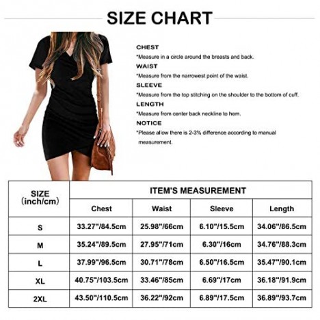 BESFLY Women V Neck Short Sleeve Casual Wrap Dresses Solid Color Sexy Ruched Bodycon Short Mini Dresses