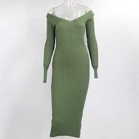 Cinyifaan Women's Casual Off Shoulder Long Sleeves Slim Knit Bodycon Sweater Dress Midi Pencil Dress.