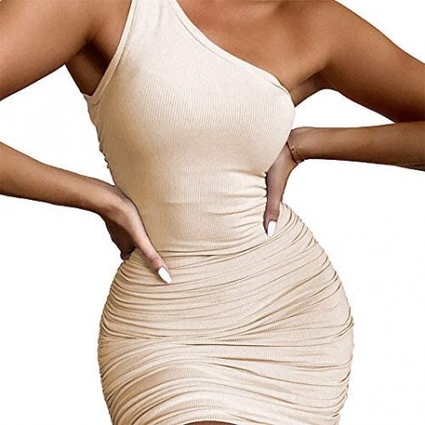 DREAM SLIM-Women's Sexy One Shoulder Sleeveless Stretchy Ruched Club Dress Bodycon Ribbed Knit Mini Dress