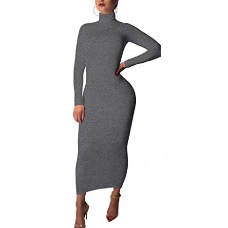 GOBLES Women's Sexy Turtleneck Long Sleeve Elegant Bodycon Party Long Dress
