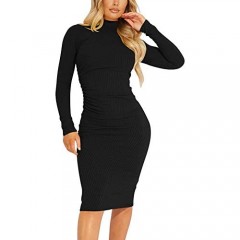 Kaximil Women's Ribbed Basic Casual Midi Dress Long Sleeve Bodycon Ruched Club Dresses