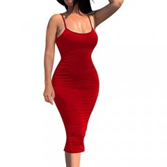 LCNBA Sexy Spaghetti Strap Tank Dress Basic Sleeveless Bodycon Club Party Midi Dress
