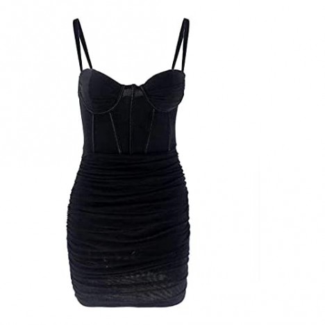 L'VOW Women's Backless Mesh Dress Spaghetti Strap Bodycon Mini Dress Wrap Ruched Pencil Dress