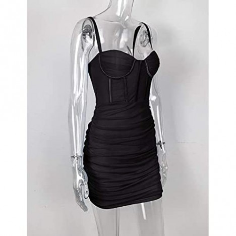 L'VOW Women's Backless Mesh Dress Spaghetti Strap Bodycon Mini Dress Wrap Ruched Pencil Dress