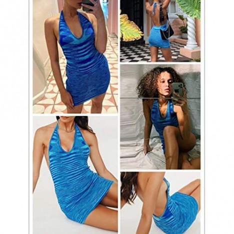 MISSACTIVER Women’s Halter Neck Bodycon Knitted Dress Bandage Y2K Sexy Summer Beach Backless Mini Dresses