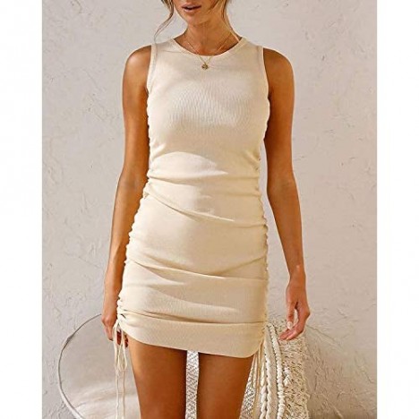 OWIN Women Sleeveless Bodycon Ruched Short Dress Side Drawstring Solid Crew Neck Casual Summer Tank Shirt Mini Dresses