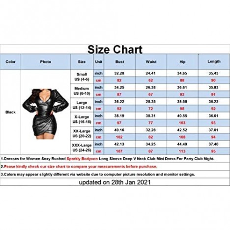 SeNight Dresses for Women Sexy Ruched Sparkly Bodycon Long Sleeve Deep V Neck Club Mini Dress for Party Club Night