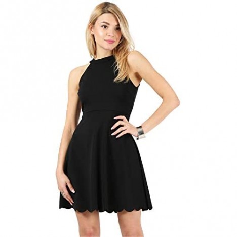 Simlu Womens Skater Halter Neck Dress with Scalloped Hem Cocktail Party Dress Reg. and Plus Size