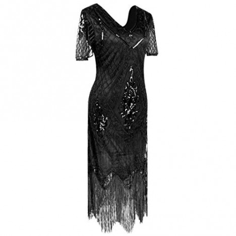 Women 1920s Off Shoulder Fringe Sequin Cocktail Prom Dress with 20s Gatsby Accessories Set