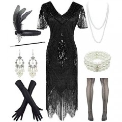 Women 1920s Off Shoulder Fringe Sequin Cocktail Prom Dress with 20s Gatsby Accessories Set
