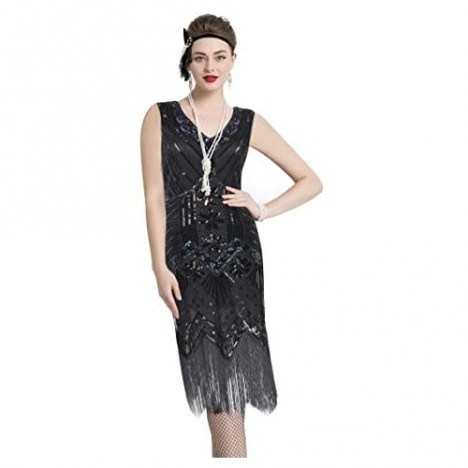 Women Halter V-Neck Sequins Tassel 1920s Flapper Inspired Party Dance Dress with 20s Gatsby Accessories Set
