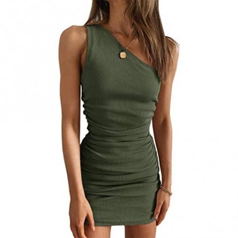 Womens One Shoulder Bodycon Ruched Cocktail Party Sleeveless Sexy Elegant Mini Dress