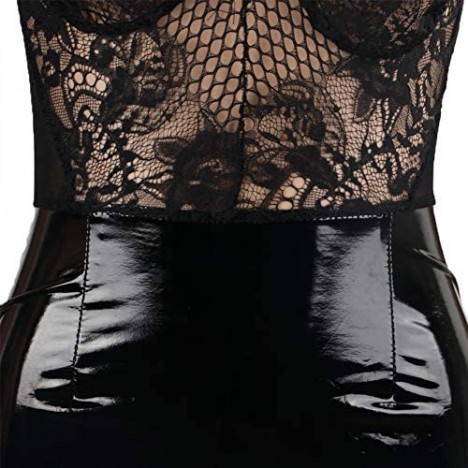 Womens Sexy Lace Bodycon Dress Leather Spaghetti Strap Mini Dresses Clubwear