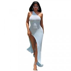 XLLAIS Ribbed Dress Sexy One Shoulder Split Maxi Long Dresses Beachwear