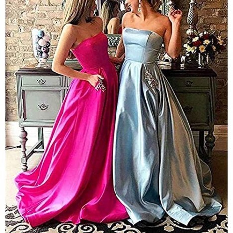 HONGFUYU Homecoming Dress Satin Strapless A-line Semi Formal Gowns with Beaded Pockets Prom Dresses