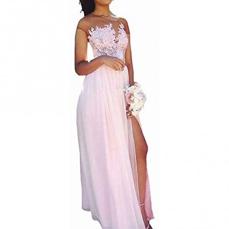 jieprom Women's Sheer Neck A Line Chiffon Bridesmaid Dress Lace Split Prom Dress