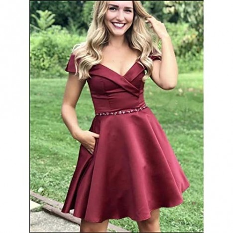 Off The Shoulder Short Prom Dresses Aline Beaded Satin Homecoming Gowns with Pockets