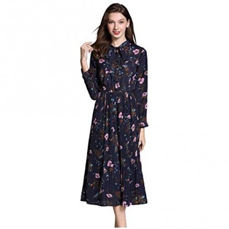 Shineflow Women's Vintage Floral Printed Long Sleeves Bowknot Pleated Swing Cocktail Party Midi Dress