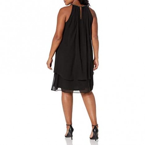 S.L. Fashions Women's Plus-Size Embellished Halter Neck Tier Dress