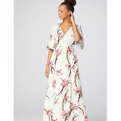 TRUTH & FABLE Women's Maxi Chiffon Wrap Dress with Bell Sleeves