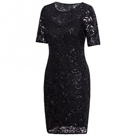 VIJIV Vintage 1920s Gatsby Sequin Beaded Lace Cocktail Party Flapper Dress with Sleeves