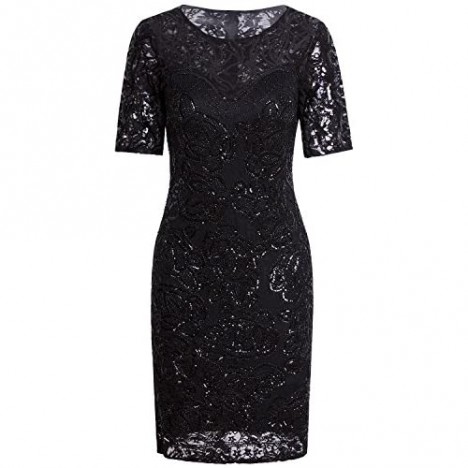 VIJIV Vintage 1920s Gatsby Sequin Beaded Lace Cocktail Party Flapper Dress with Sleeves