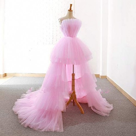 Women's High Low Prom Dresses Spaghetti Strap Tulle Tiered Pageant Ball Gown 2020 Long Homecoming Dress AR222