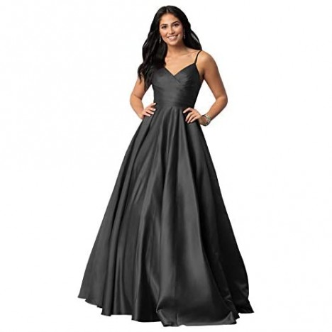 Women's Spaghetti Strap A Line V Neck Satin Prom Dress Long Evening Formal Party Dress Ruched Bodice