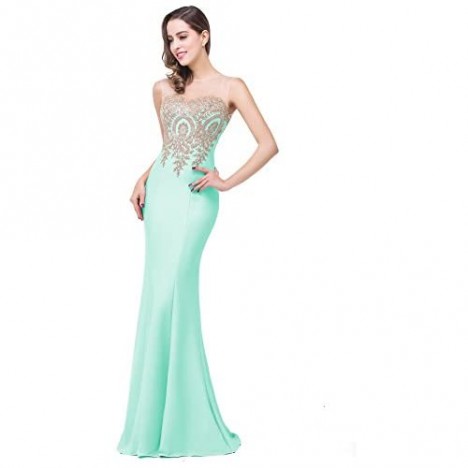 Babyonline Women's Lace Applique Long Formal Mermaid Evening Prom Dresses