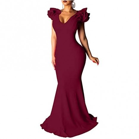 BEAGIMEG Women's Sexy Ruffle Sleeve Elegant V Neck Backless Evening Formal Maxi Dress