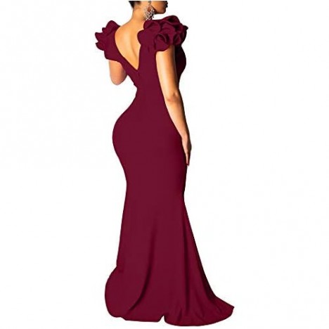 BEAGIMEG Women's Sexy Ruffle Sleeve Elegant V Neck Backless Evening Formal Maxi Dress