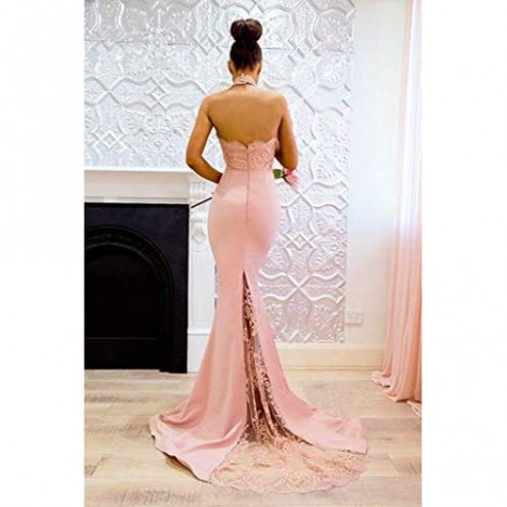 Clothfun Halter Prom Dresses Long 2021 Lace Mermaid Formal Dresses for Women Beaded Evening Gowns Cf010