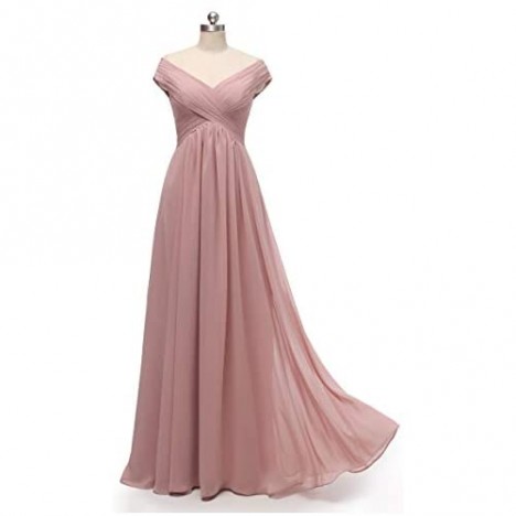 Clothfun Off Shoulder Bridesmaid Dresses for Women Long Chiffon A-Line Formal Dresses with Pockets 2020