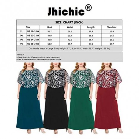 Jhichic Women's Plus Size Embroidered Capelet Maxi Dress Mesh Lace Evening Gown Elegant
