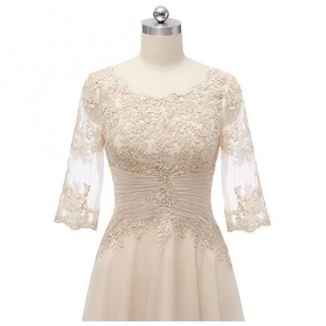 Lace Applique Mother of The Bride Dresses Knee Length Pleated Waist with Mesh Sleeves