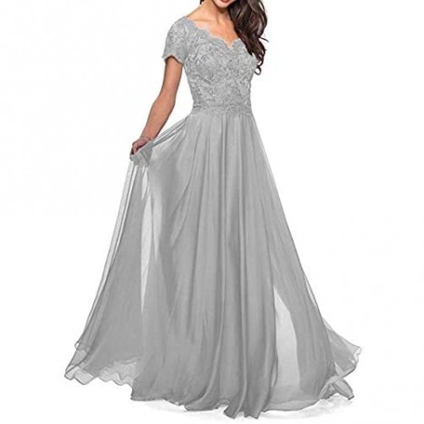 Lace Appliques Mother of The Bride Dresses Long Chiffon A line Short Sleeves Wedding Party Gowns for Women