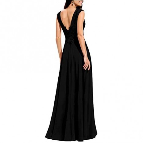 SYYS V Neck Bridesmaid Dresses for Women Lace Appliques A Line Chiffon Long Formal Gwons Dress with Slit SYYS017