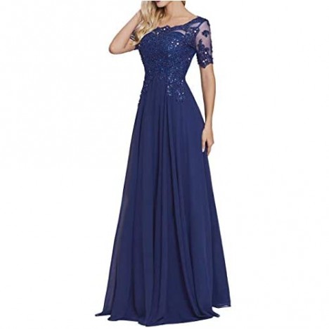 tutu.vivi Appliques Beaded Chiffon Mother of The Bride Dress Short Sleeves Lace Long Formal Evening Gowns