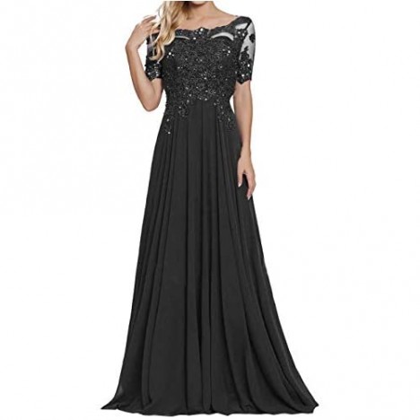 tutu.vivi Appliques Beaded Chiffon Mother of The Bride Dress Short Sleeves Lace Long Formal Evening Gowns