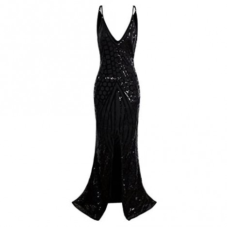 VIJIV 1920s Long Slit Prom Dresses Deep V Neck Sequin Mermaid Bridesmaid Evening Dress
