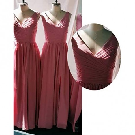 WaterDress V-Neck Bridesmaid Dress with Slit Chiffon A-line Pleated Formal Dresses for Women Evening WD1932P