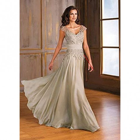 Women's Long V-Neck Cap Sleeve Lace Mother of The Bride Dresses Evening Formal Gown M001