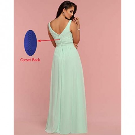 Women's V Neck Bridesmaid Dress with Slit A Line Pleated Chiffon Long Formal Evening Prom Party Gowns
