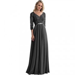Women's V-Neck Lace Appliques Chiffon Mother of The Bride Dress with Sleeves Long Evening Formal Dress