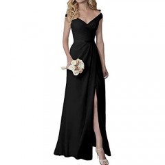 Yilis Off The Shoulder Long Bridesmaid Dress Chiffon Wedding Formal Evening Gowns with Slit