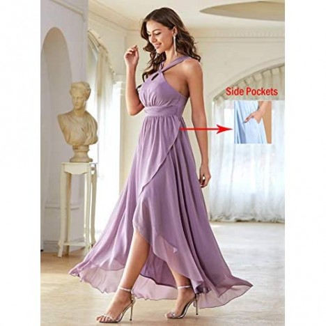 YMSHA Women's Halter Bohemian Bridesmaid Dresses Ruffle Pleated High Low Formal Dresses with Pockets YMS143