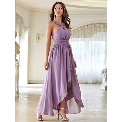 YMSHA Women's Halter Bohemian Bridesmaid Dresses Ruffle Pleated High Low Formal Dresses with Pockets YMS143