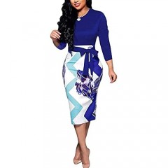 Women's Bodycon Dress Midi Work Casual Floral Prints Pencil Dresses with Belt
